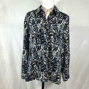 Elementz navy blue gray and white abstract print button down top size medium